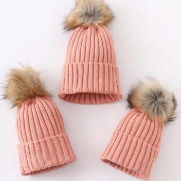 Coral Pink knit pom pom beanie hat